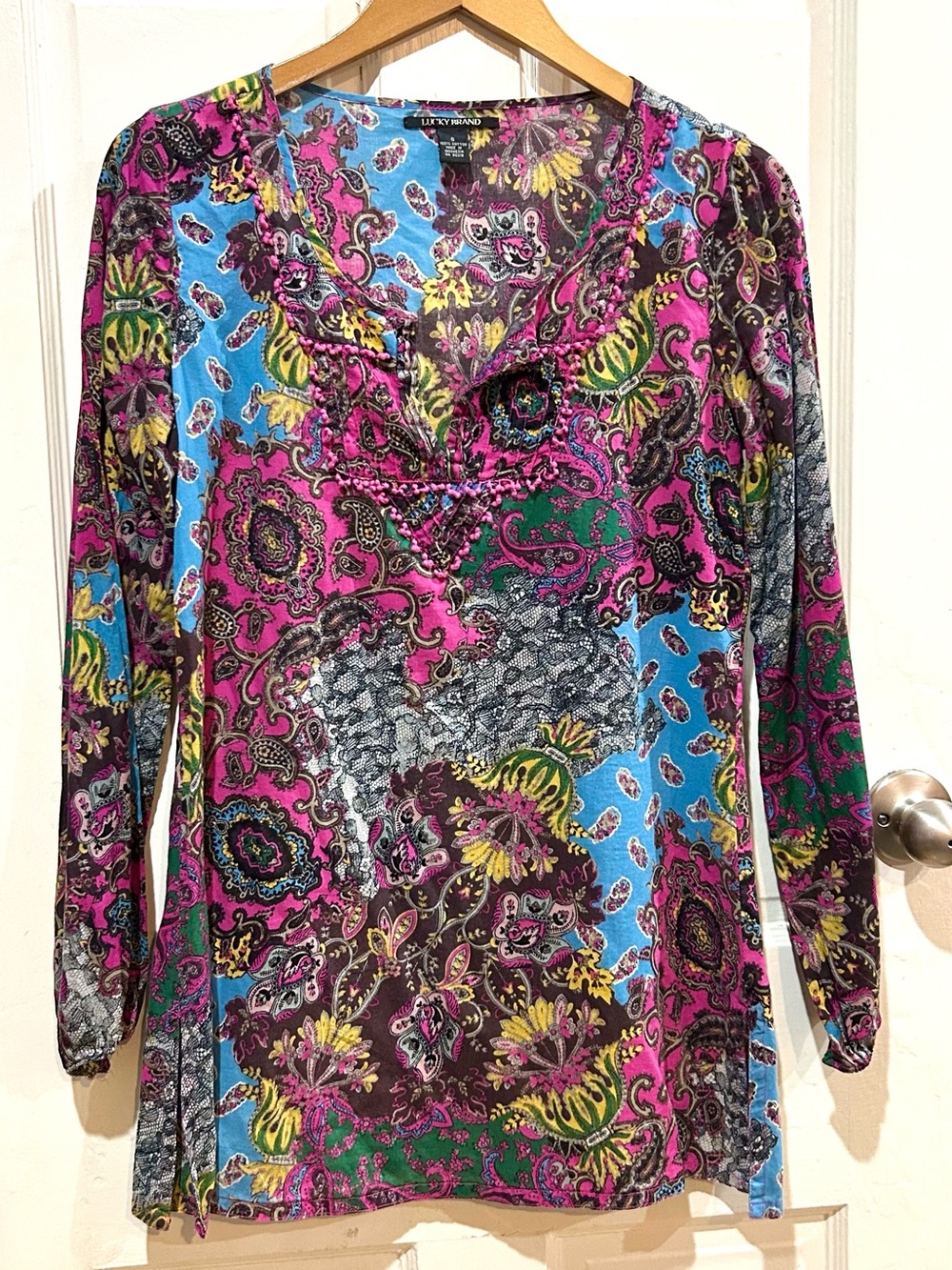 Vintage Lucky Brand Boho Paisley Tunic Top Hippie California Style Cotton Size S